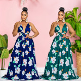 Women's floral print sleeveless suspender long dress
