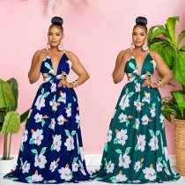 Women's floral print sleeveless suspender long dress