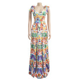 Women's colorful sleeveless shoulder lace up long dress dress
