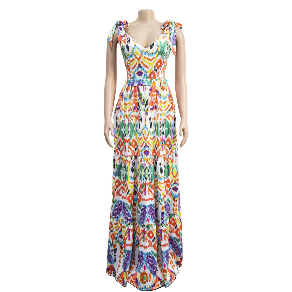 Women's colorful sleeveless shoulder lace up long dress dress