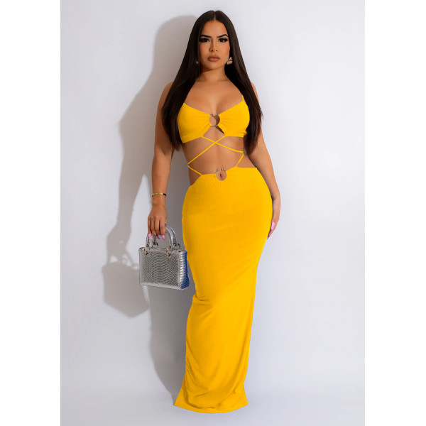 Women's Solid Color Tie Iron Ring Sleeveless Long Dress Dress