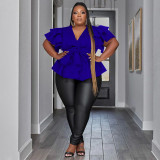 Large Women's Casual Versatile V-neck Ruffle Sleeve Pleated Shirt Top