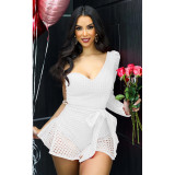 Women's solid color lace up diagonal shoulder long sleeved shorts jumpsuit