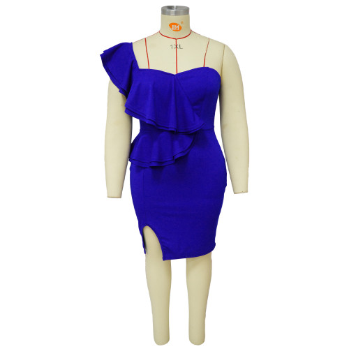 Fashionable casual ruffle edge split one shoulder sleeve wrap buttocks split dress