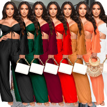 Women's solid color wrinkled long sleeved pants two-piece set Women's solid color wrinkled long sleeved pants two-piece set