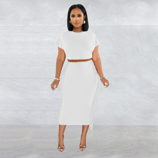Women's solid color fringed round neck short sleeve long skirt two-piece set