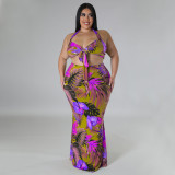 Printed conservative neck tie up dress set