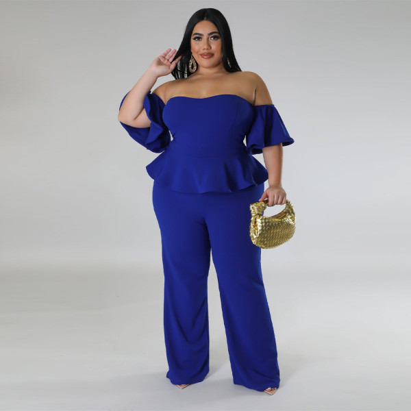 Women's sexy off shoulder short sleeved wide leg stretch jumpsuit