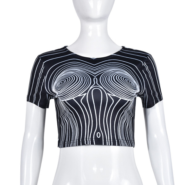 Hollow out digital ripple exposed navel short sleeved top T-shirt