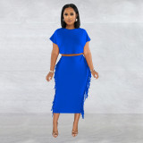 Women's solid color fringed round neck short sleeve long skirt two-piece set