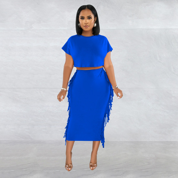Women's solid color fringed round neck short sleeve long skirt two-piece set