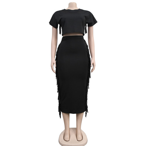 Women's solid color fringed round neck short sleeve long skirt two-piece set