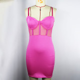 Mesh Splice Strap Dress Steel Ring Fishbone Slim Fit Wrap Hip Perspective Sexy Sexy Temptation Sleeping Dress