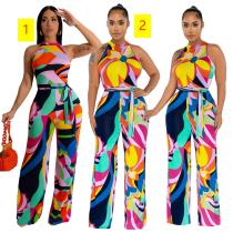 Sleeveless button print strap straight sexy jumpsuit Sleeveless button print strap straight sexy jumpsuit