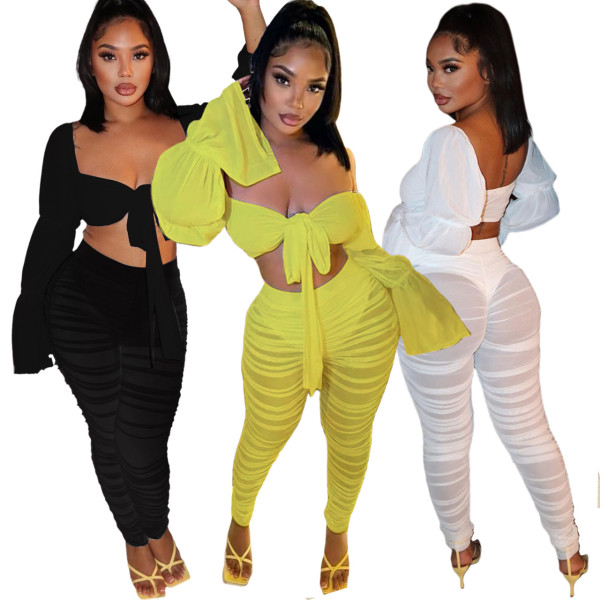 Women's Sexy Flare Sleeve Straight Neck T-shirt Mesh Pleated Pants Set