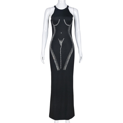 Hollow out round neck hot pressed diamond sleeveless sexy long dress