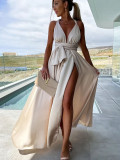 Sexy and versatile lace up dress Loose casual slit dress