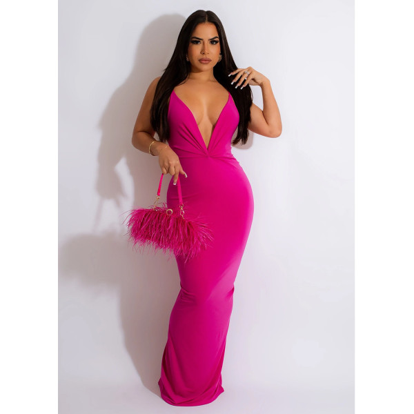 Women's solid color sleeveless pleated V-neck long dress