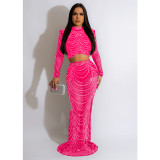 Women's solid color mesh hot diamond long sleeved skirt two-piece set