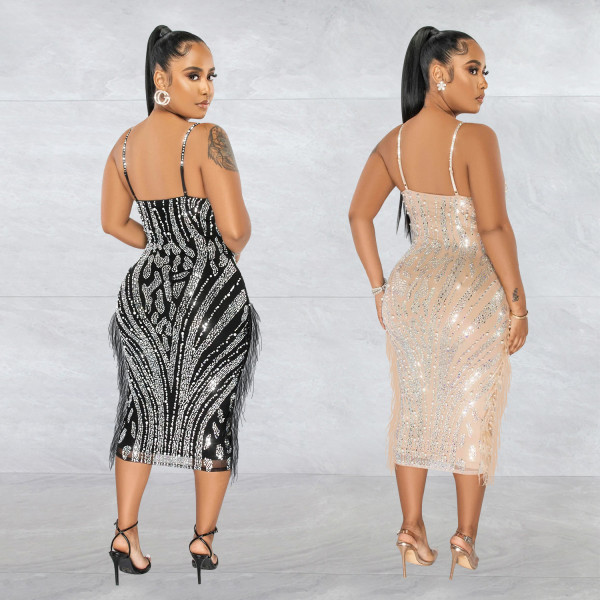 Women's solid color suspender sleeveless mesh hot diamond long dress