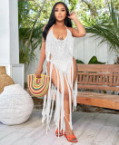 Women's long tassel hollowed out knitted one piece swimsuit