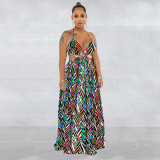 Women's printed chain sleeveless suspender long dress dress