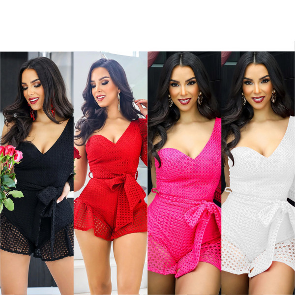 Women's solid color lace up diagonal shoulder long sleeved shorts jumpsuit