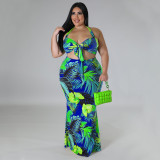 Printed conservative neck tie up dress set