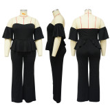 Women's sexy off shoulder short sleeved wide leg stretch jumpsuit
