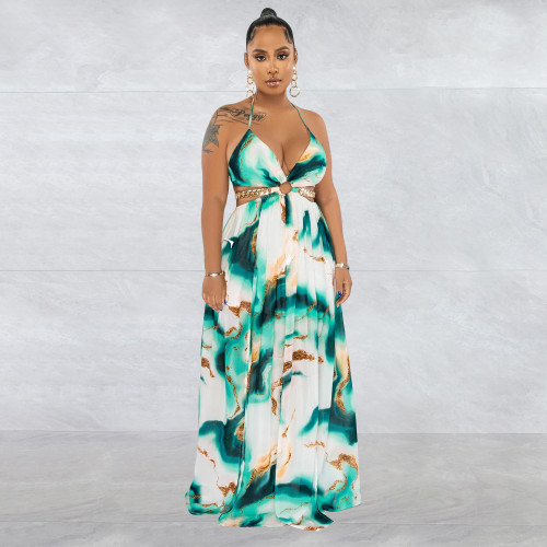 Women's printed chain sleeveless suspender long dress dress
