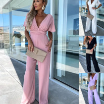 V-neck casual short sleeve dress loose holiday wide leg jumpsuit V-neck casual short sleeve dress loose holiday wide leg jumpsuit