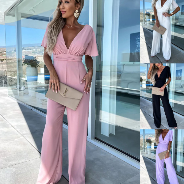 V-neck casual short sleeve dress loose holiday wide leg jumpsuit