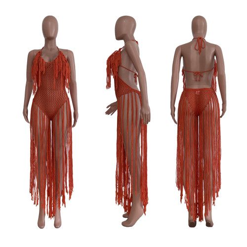 Women's long tassel hollowed out knitted one piece swimsuit
