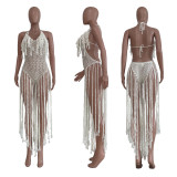 Women's long tassel hollowed out knitted one piece swimsuit