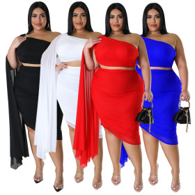 Fashion women's high elastic diagonal collar long train sleeve wrinkled two-piece set