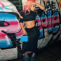 Hollow out navel top long skirt two-piece set