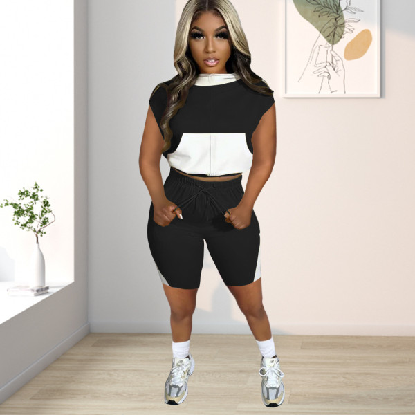 Contrast color hooded sweater pants two-piece set