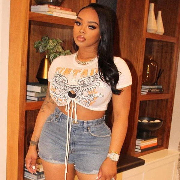 Pullover hollowed out adhesive letter short sleeved lace up top for women's clothing