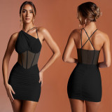 Women's Solid Color Sleeveless Oblique Shoulder Mesh Short Dress Dress
