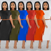 Women's solid color fringed round neck short sleeve long skirt two-piece set