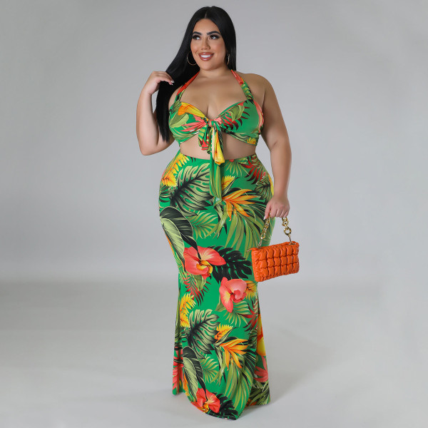 Printed conservative neck tie up dress set