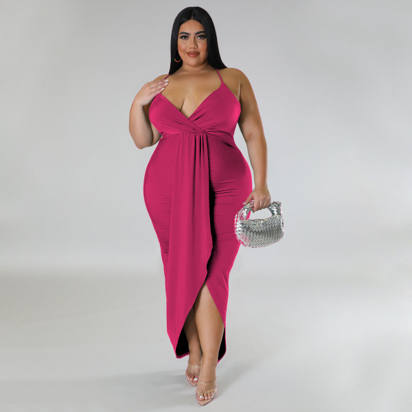 Women's adjustable shoulder strap sleeveless V-neck elastic dress