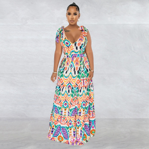Women's colorful sleeveless shoulder lace up long dress dress