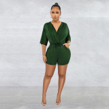 Women's solid color lace up V-neck medium sleeve shorts jumpsuit