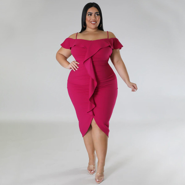 Oversized women's sweet solid color dress, one line collar, medium length skirt