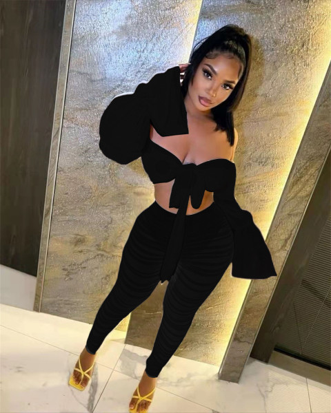 Women's Sexy Flare Sleeve Straight Neck T-shirt Mesh Pleated Pants Set