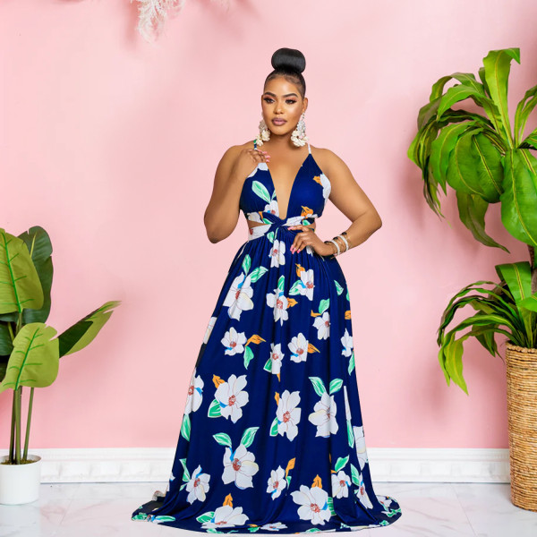 Women's floral print sleeveless suspender long dress