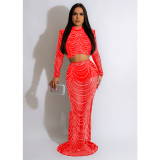Women's solid color mesh hot diamond long sleeved skirt two-piece set