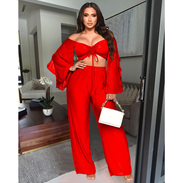 Women's solid color wrinkled long sleeved pants two-piece set