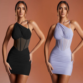Women's Solid Color Sleeveless Oblique Shoulder Mesh Short Dress Dress